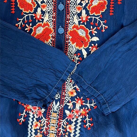Johnny Was Embroidered Olivia Blouse Tunic Top 3/4 Sleeve Blue Floral Boho XS - Picture 10 of 14